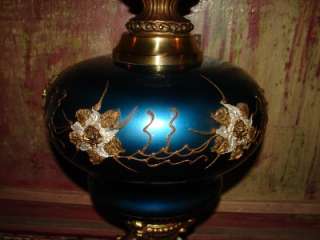   /Antique Beautiful Blue Embossed Rose Flowers Brass Marble Table Lamp