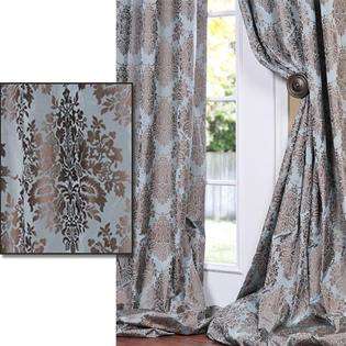   Teal Blue With Cocoa Brown Patterned Faux Silk 84 inch Curtain Panel