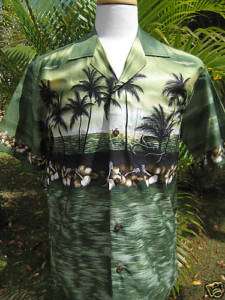 NEW Green Hawaiian Sunset Palm Tree Men Aloha Shirt ~ MADE IN HAWAII 
