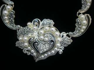 Victorian Crystal & Pearl Heart Statement Necklace Set  