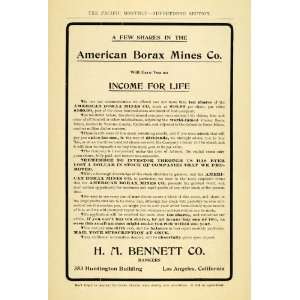  1907 Ad American Borax Mines Stock H. M. Bennett L. A 