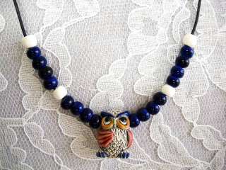 NEW CUTE 3D OWL CERAMIC PENDANT w ACCENT BEADS NECKLACE  