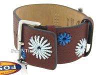  Fossil Lady Vintage Brown Leather Cuff Blue Dial Floral Stitch Watch 