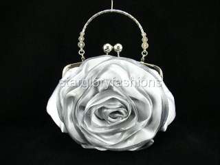 Top Handle Crystal Silver Rose Wedding Purse Clutch  