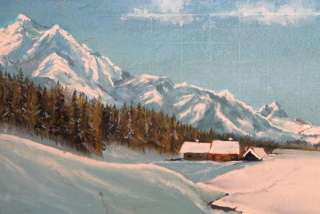 Bulgarian art oil painting snowy mountain landscape 1970s  