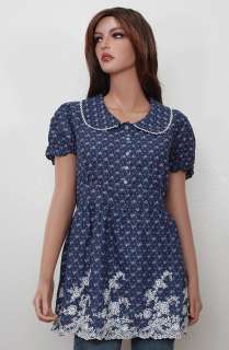 Blue Puff Sleeve Peter Pan Crochet Embroidery Hem Top Blouse Plus Size 