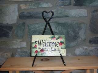 HANDPAINTED SLATE W/ BLACK WROUGHT IRON HOLDER~WELCOME  