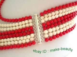 stunning 8rows 6mm round natural white&red coral necklace  