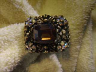 Antique Vintage Aurora Borealis Amber Rhinestone Ring  