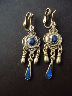 Vintage Silver Dark Blue Enamel Dangle Clip On Earrings  