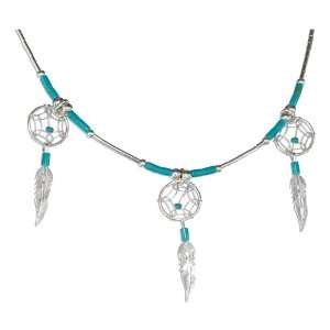   Dreamcatcher Necklace with Feathers and Turquoise Heishi. Jewelry