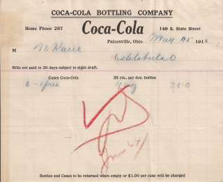 1910 Painesville Ohio Coca Cola Bottling Company Billhead  