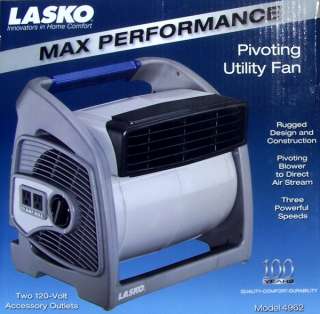New Lasko 3 Speed Pivoting Utility Floor Fan + Outlets  