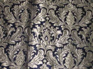 Pure Heavy Silk Brocade Fabric Dark Navy Blue & Gold  
