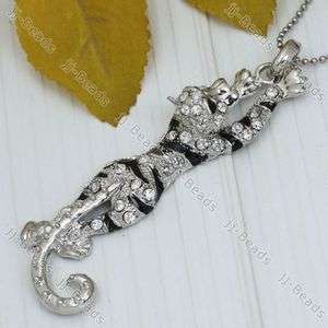 Silver Plated Crystal Rhinestone Tiger Animal Bead Pendant 1PC For 