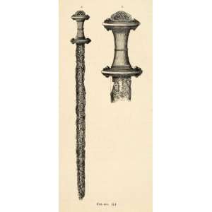  1882 Woodcut Sword Decorated Hilt Weapon Archaeological 