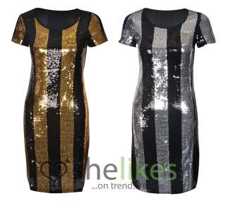 Womens Sequin Stripe Short Sleeve Party Dress Ladies Black Glitter 