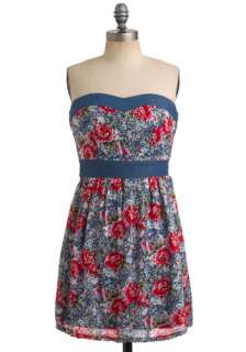   , White, Floral, Casual, Strapless, Spring, Summer, Blue, Mid length
