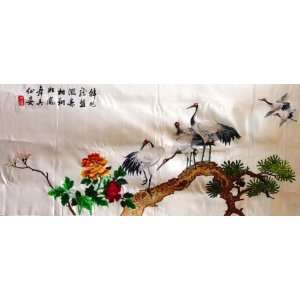  Chinese Hunan Silk Embroidery Flower Birds Cranes 