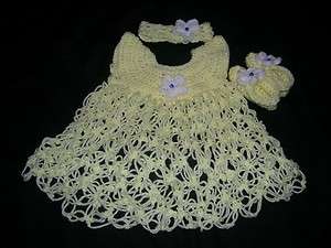 Handmade crocheted baby dress with headband and booties  