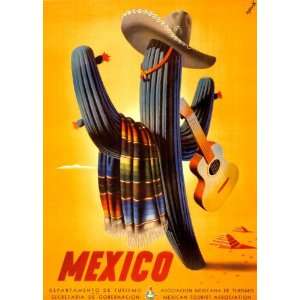  1945 Mexico cactus wearing a somberro, serapi & guitar 
