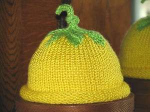 Hand Knit Lemon Yellow Fruit Hat with Green Knot Top  