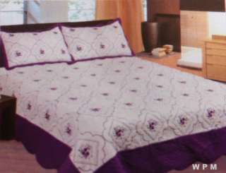 3Pc Bedspread set Purple Queen quilted bed spread embroidered pillow 