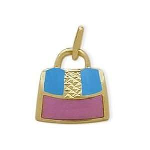   Yellow Gold & Enamel Purple Purse Pendant with 16 chain Jewelry
