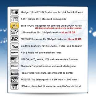 18cm/7HD TOUCH GPS NAVI BLUETOOTH DVD AUTORADIO USB SD  