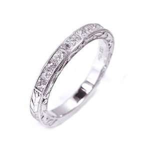 18k White Gold Pricess Cut Diamond Half Circle Hand Engraved Ring Size 