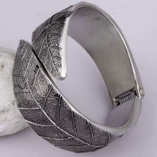tibetan silver oblate open ended 2 ps leaf bangle bracelet fit arm 