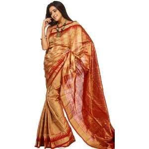  Khaki and Red Bomkai Sari from Orissa with All Over Bootis 