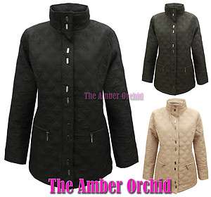   LADIES QUILTED PADDED LONG ZIP BUTTON WINTER JACKET COAT SIZE 12 20
