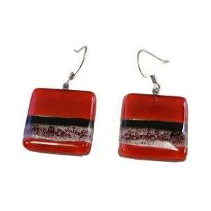   Square Fused Glass Earrings   Red and Bubbles Design (Chile) Jewelry
