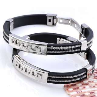   Stainless Steel Black Rubber Wire Cool Cuff Bracelet 7.5L  