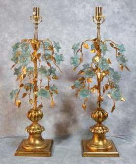   REGENCY GILT FLORENTINE ITALIAN MURANO BLUE FLOWER GLASS LAMPS  