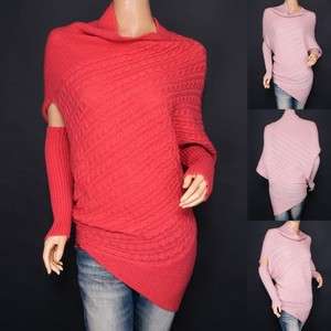 New Womens Detachable Sleeves Angled Hem Cable Knit Sweater Top 