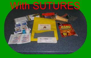 SUTURES Survival Kit Flint Compass Flaslight Hand Warmers First Aid 