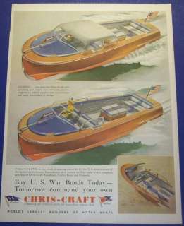 1943 CHRIS CRAFT RUNABOUT BOATSWAR BONDS AD DECO ART  