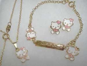 18Kt Gold gf GIRLS PINK HEART HELLO KITTY Earrings Necklace 4pc SET 
