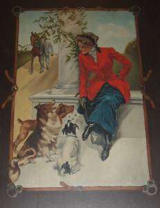 Antique Fox Hunt Horse Dog Illustration Painting  