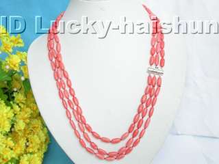 GENUINE 100% NATURAL 3ROW RICE PINK CORAL NECKLACE 925S  