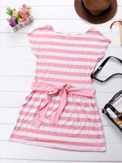 Simple Design Cap Sleeve Striped Mini Dress w/ Belt (2 colors)  
