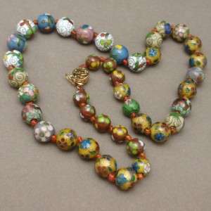 Strand of Multi Colored Cloisonne Beads Vintage Necklace Knotted 
