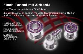 Ohr Flesh Tunnel Plug Zirkonia lila 6/8/10mm L31  