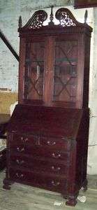 Hand Carved Mahogany Bureau with Bookcase  
