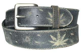 Mens Genuine Distressed Leather Snap Belt Embossed Leaf  