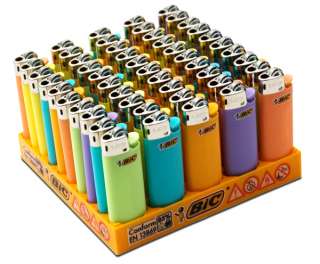 BOX 50 X MINI BIC LIGHTERS BRAND NEW ASSORTED COLOURS CHILD RESISTANT 