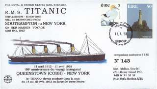   TITANIC98 3 FDC IRLANDE 86 ans Voyage TITANIC Cobh