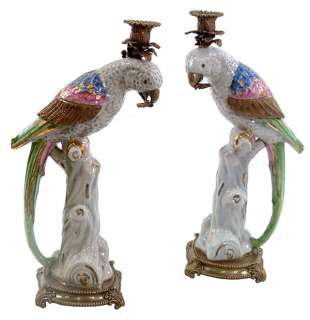   PAIR OF CHANDELIERS 2 CANDLESTICK PARROT STATUE CRACKED FAIENCE  